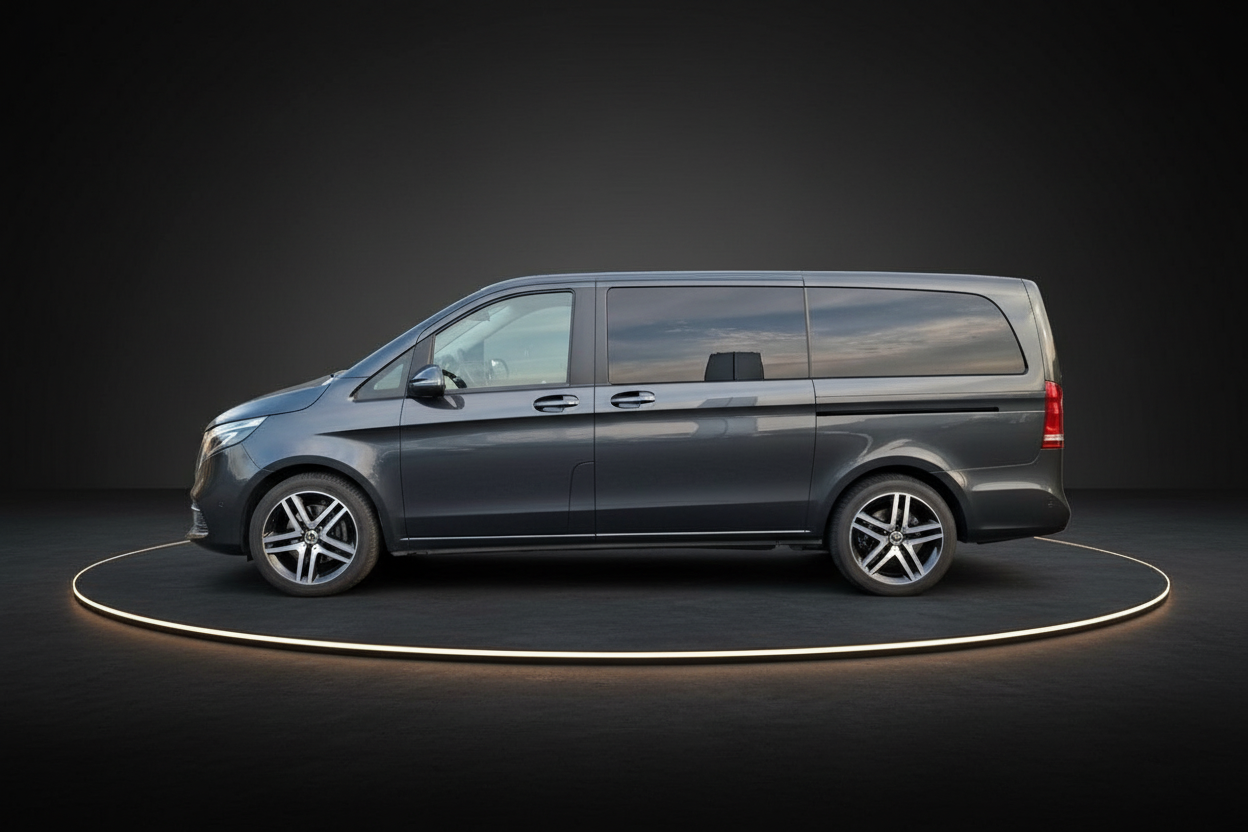 Mercedes-Benz V-Klasse grau metallic Seitenansicht auf dunklem Studiohintergrund