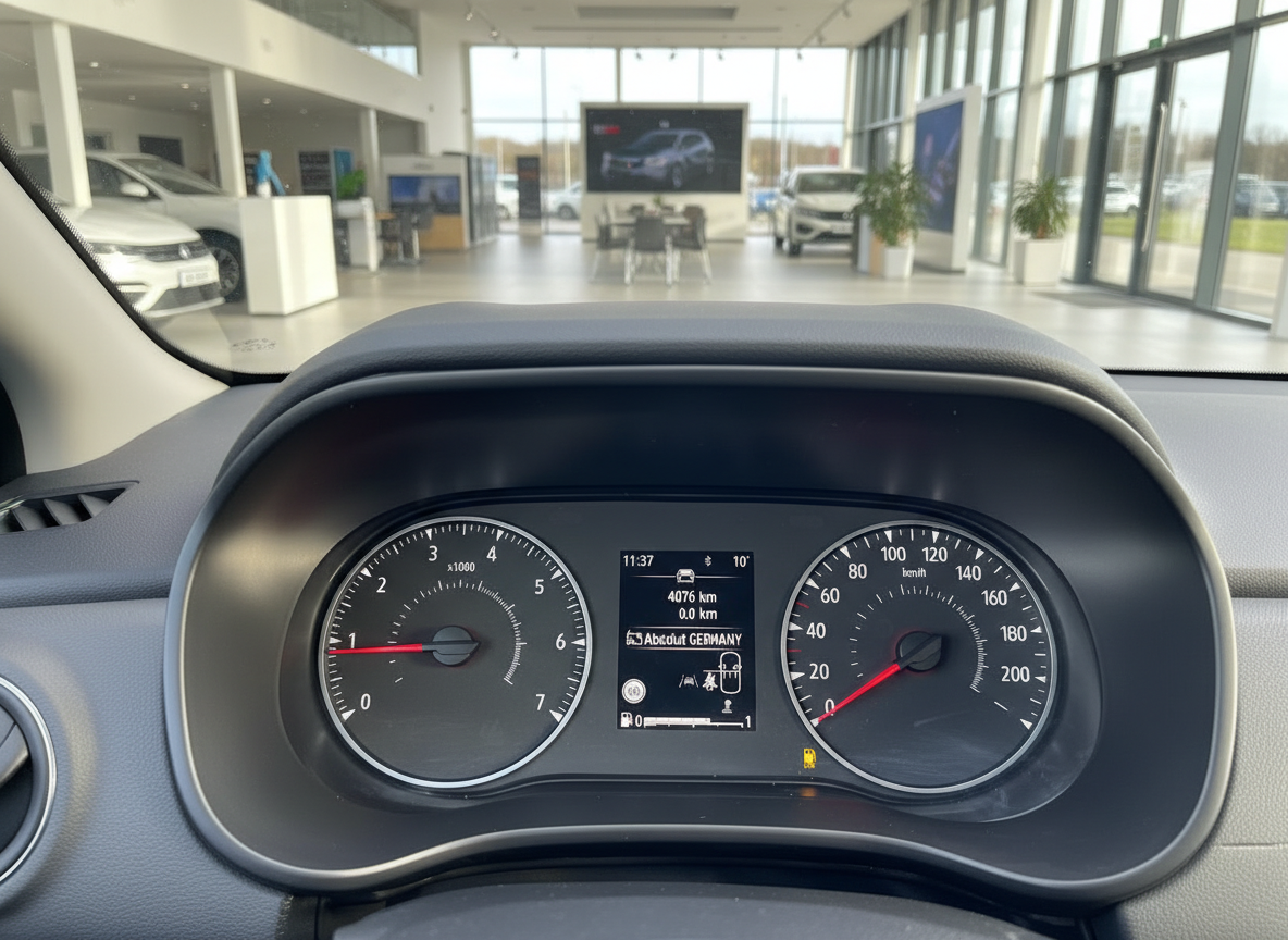 Fahrzeug-Cockpit mit Tachometer und Bordcomputer, 4076 km, im Autohaus-Showroom