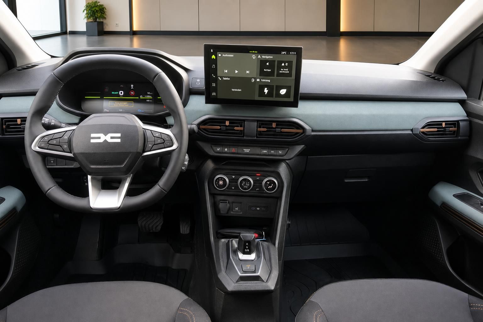 Dacia Cockpit mit Lenkrad, Touchscreen und Mittelkonsole im Detail