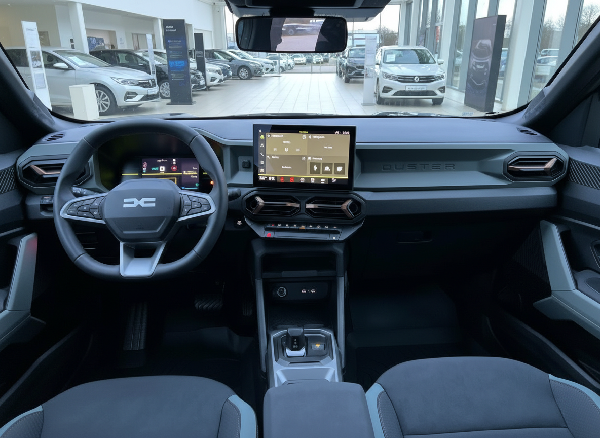 Dacia Duster Innenraum mit digitalem Cockpit und Touchscreen-Infotainmentsystem in grauem Design