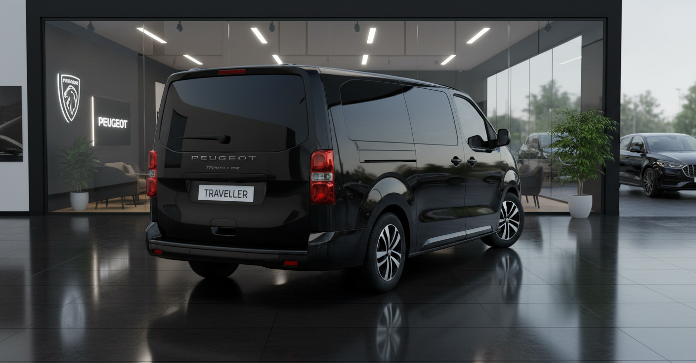 Schwarzer Peugeot Traveller Van Heckansicht im modernen Peugeot Autohaus Showroom mit spiegelndem Boden und Glasfassade
