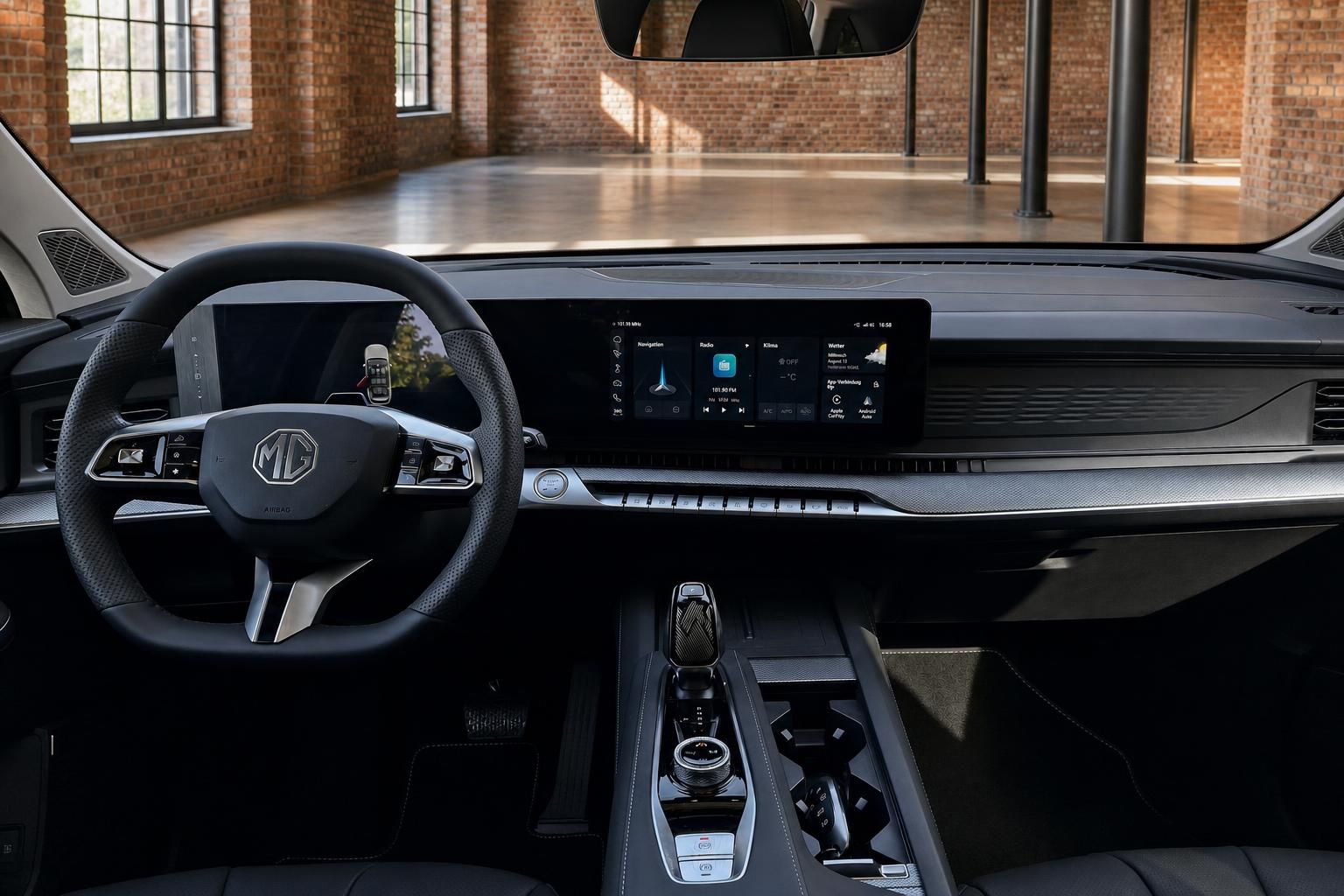 MG Cockpit mit Lenkrad, Touchscreen und Mittelkonsole