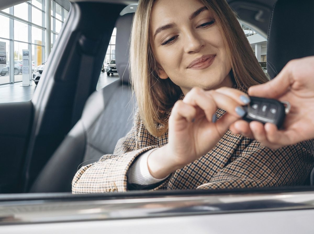 Frau erhält Autoschlüssel im Autohaus – Fahrzeugübergabe im Innenraum