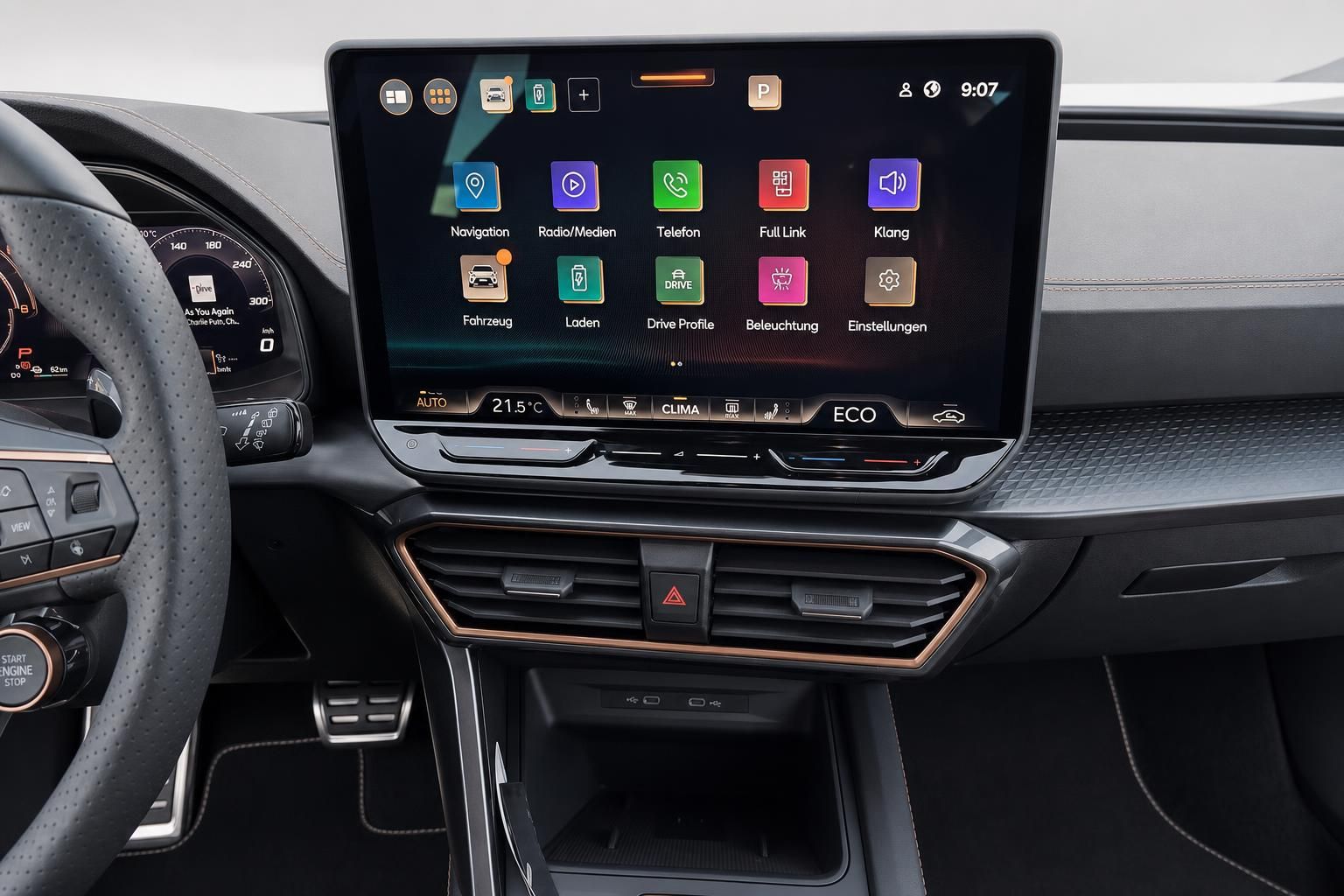 Infotainment-Touchscreen mit Menü im Cupra Fahrzeugcockpit