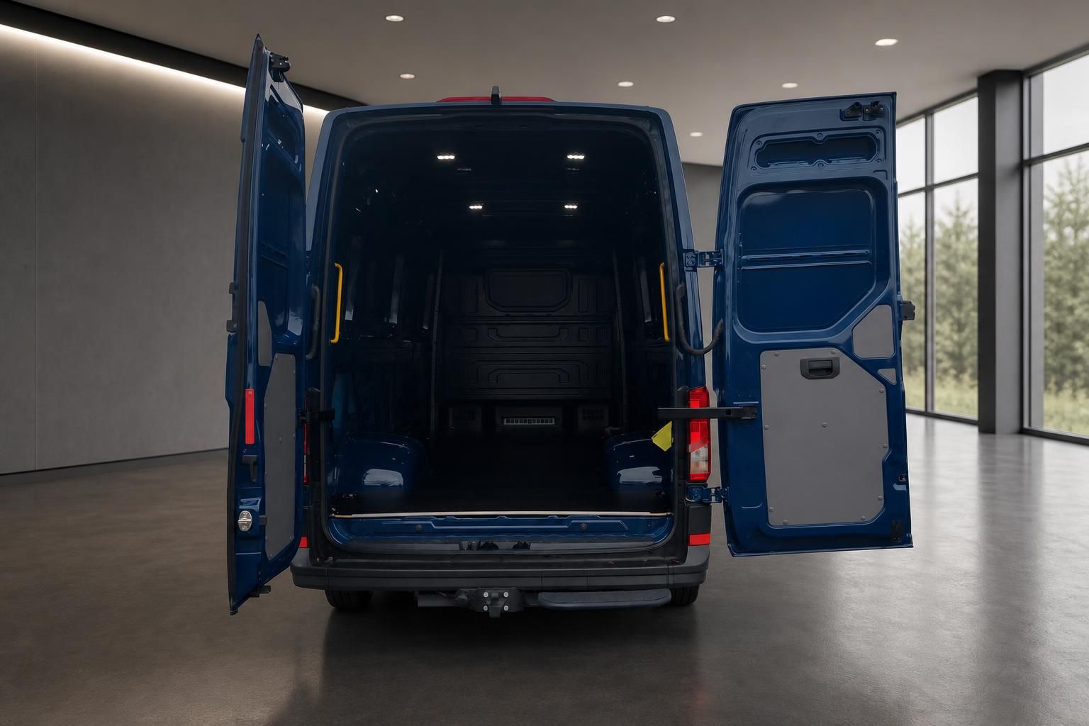 Blauer Transporter mit geöffneten Hecktüren zeigt Laderaum von hinten