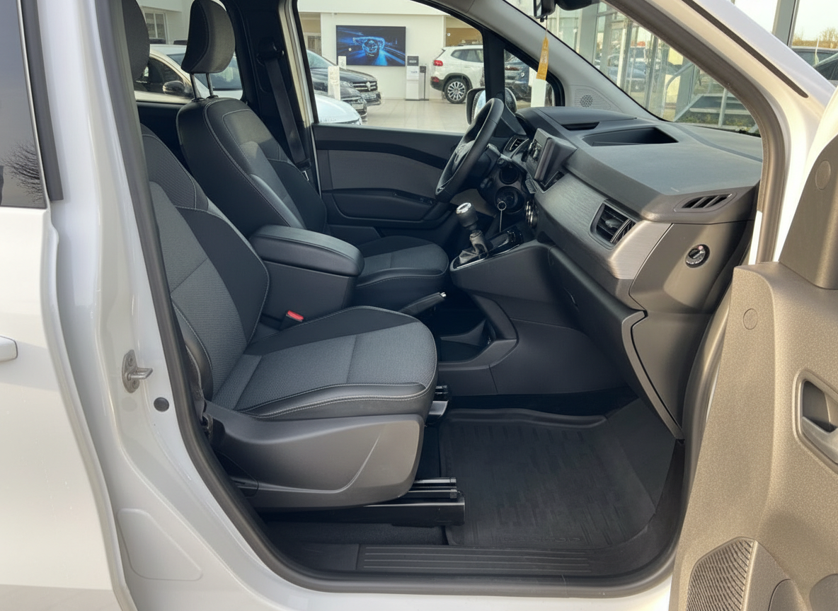 Fahrzeug Innenraum Vordersitze mit schwarzem Stoffsitz und Mittelkonsole – Beifahrerseite geöffnet