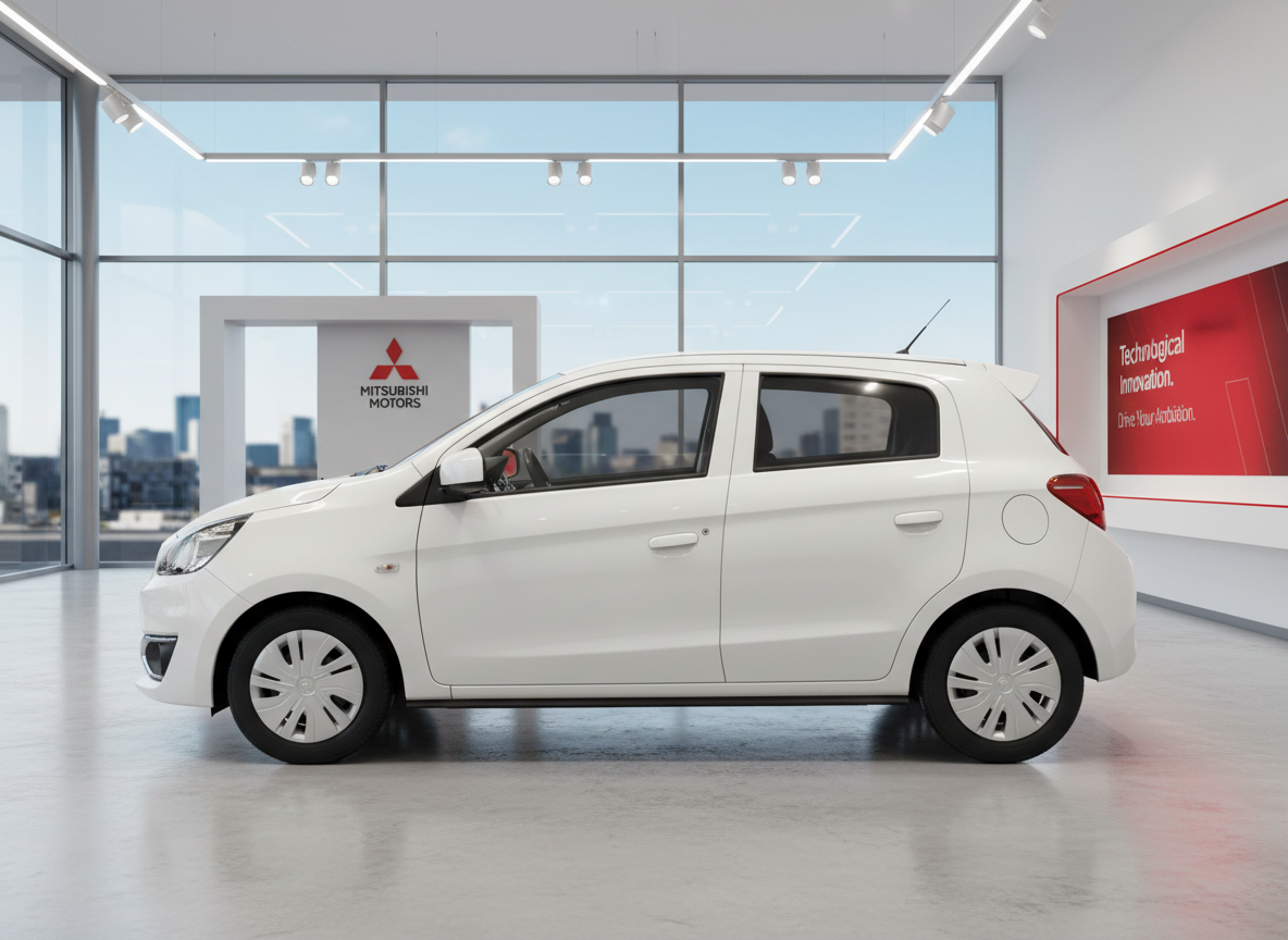 Weißer Mitsubishi Mirage Fünftürer in Seitenansicht im Autohaus-Showroom