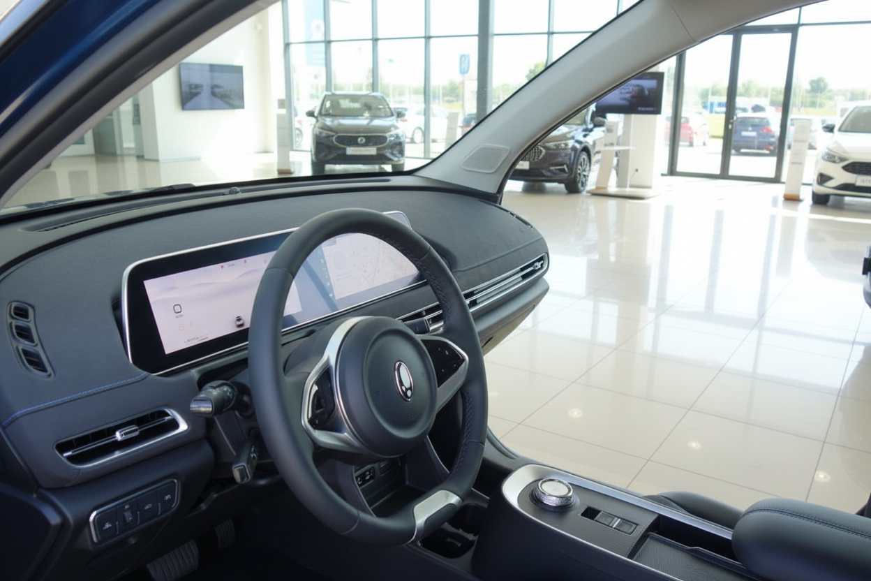 SsangYong Innenraum mit Lenkrad, Digitaldisplay und modernem Cockpit im Autohaus
