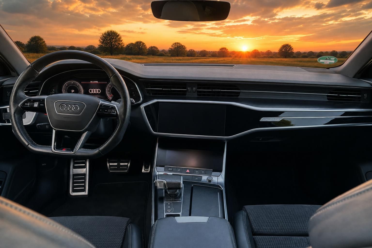 Audi Cockpit mit Lenkrad und Armaturenbrett bei Sonnenuntergang