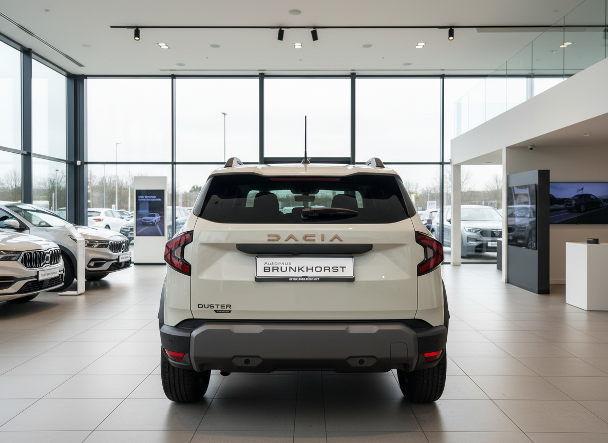 Dacia Duster SUV in Weiß, Heckansicht im Autohaus Brunkhorst Showroom