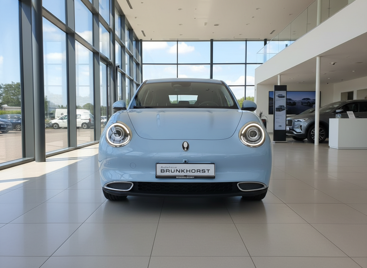 Ora Funky Cat hellblau Frontansicht im Autohaus Brunkhorst Showroom