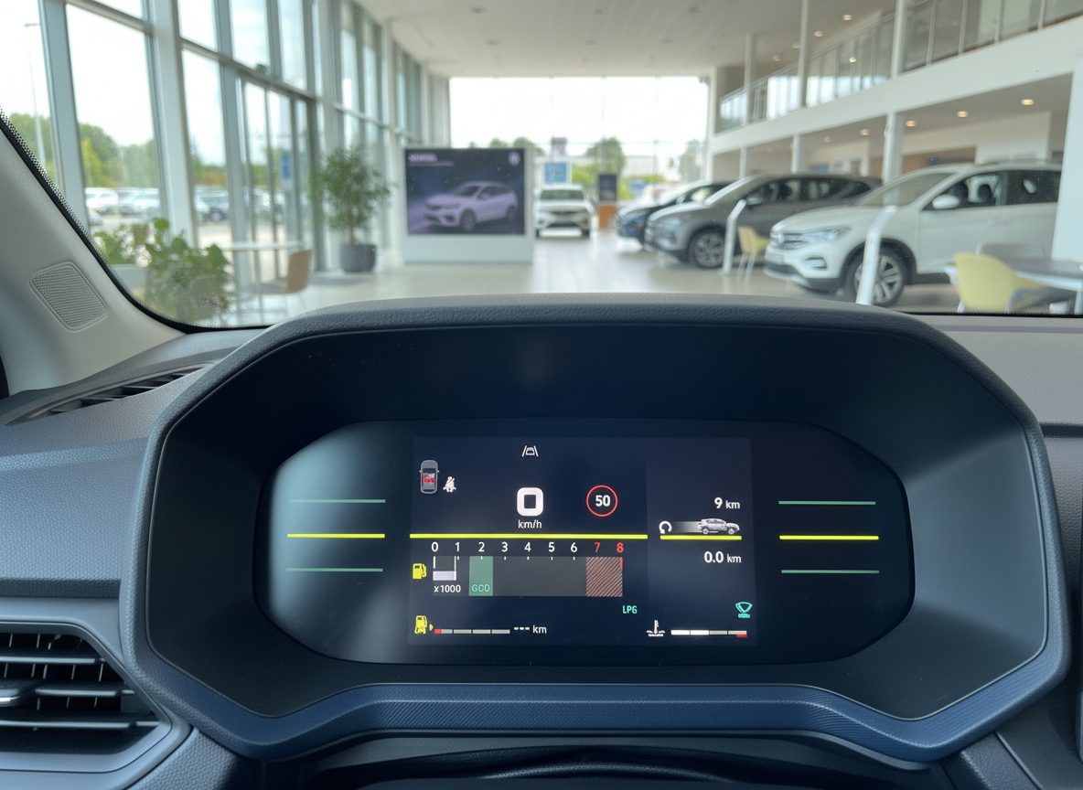 Digitales Cockpit-Display eines Volkswagen im Autohaus mit Tachoanzeige und Fahrerassistenzsystemen