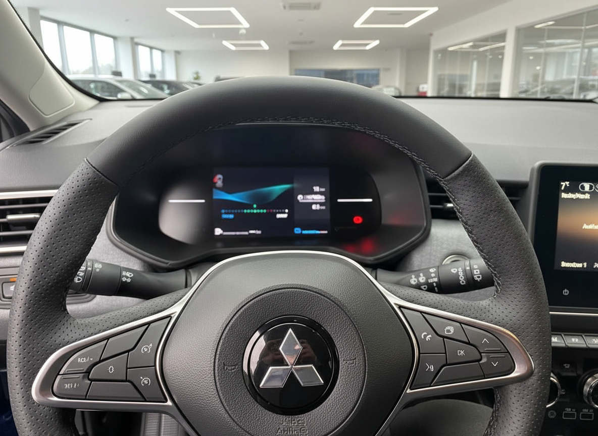 Mitsubishi Innenraum mit Lenkrad und digitalem Kombiinstrument im Autohaus