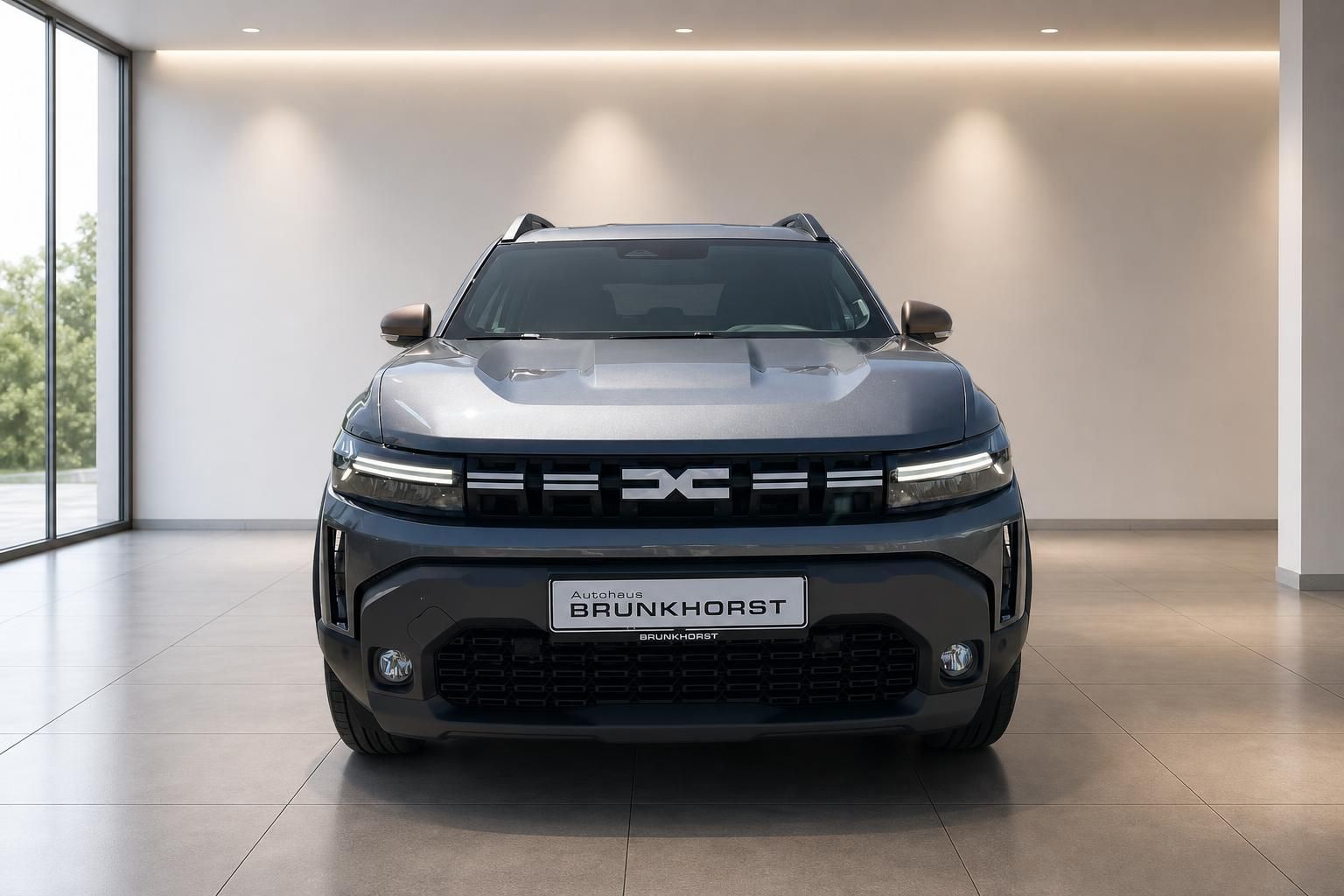Dacia Duster Frontansicht im Autohaus Brunkhorst Showroom - grauer SUV von vorne