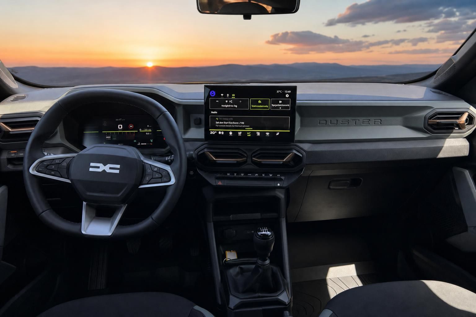 Dacia Duster Cockpit mit Infotainment-Display - Innenansicht bei Sonnenuntergang