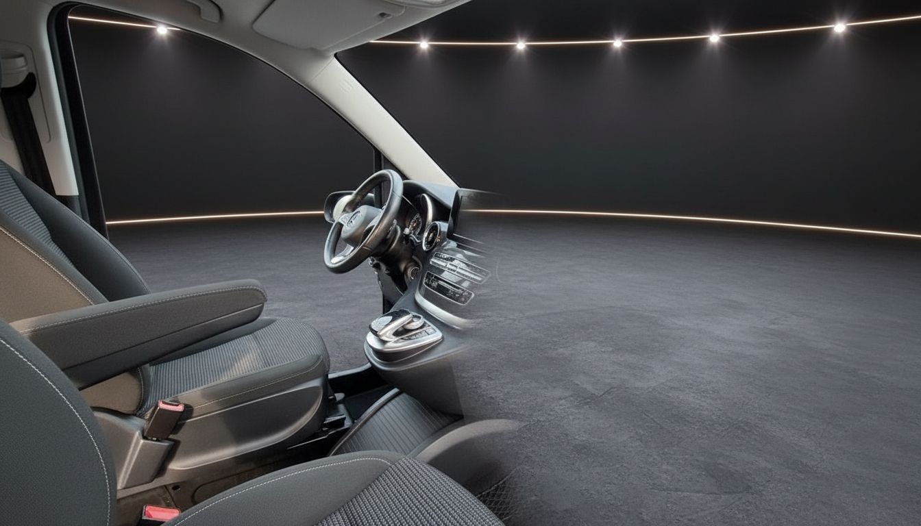 Mercedes-Benz V-Klasse Innenraum mit Lederbestuhlung, Cockpit und Automatikgetriebe in Grau