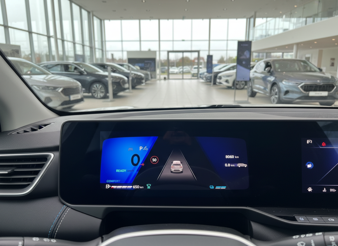 Ford Fahrzeug Innenraum mit digitalem Kombiinstrument im Autohaus