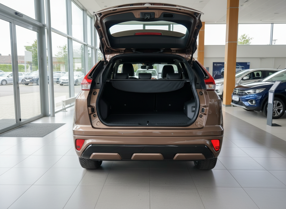 Mitsubishi Eclipse Cross in Bronze-Metallic mit geöffnetem Kofferraum im Autohaus Showroom