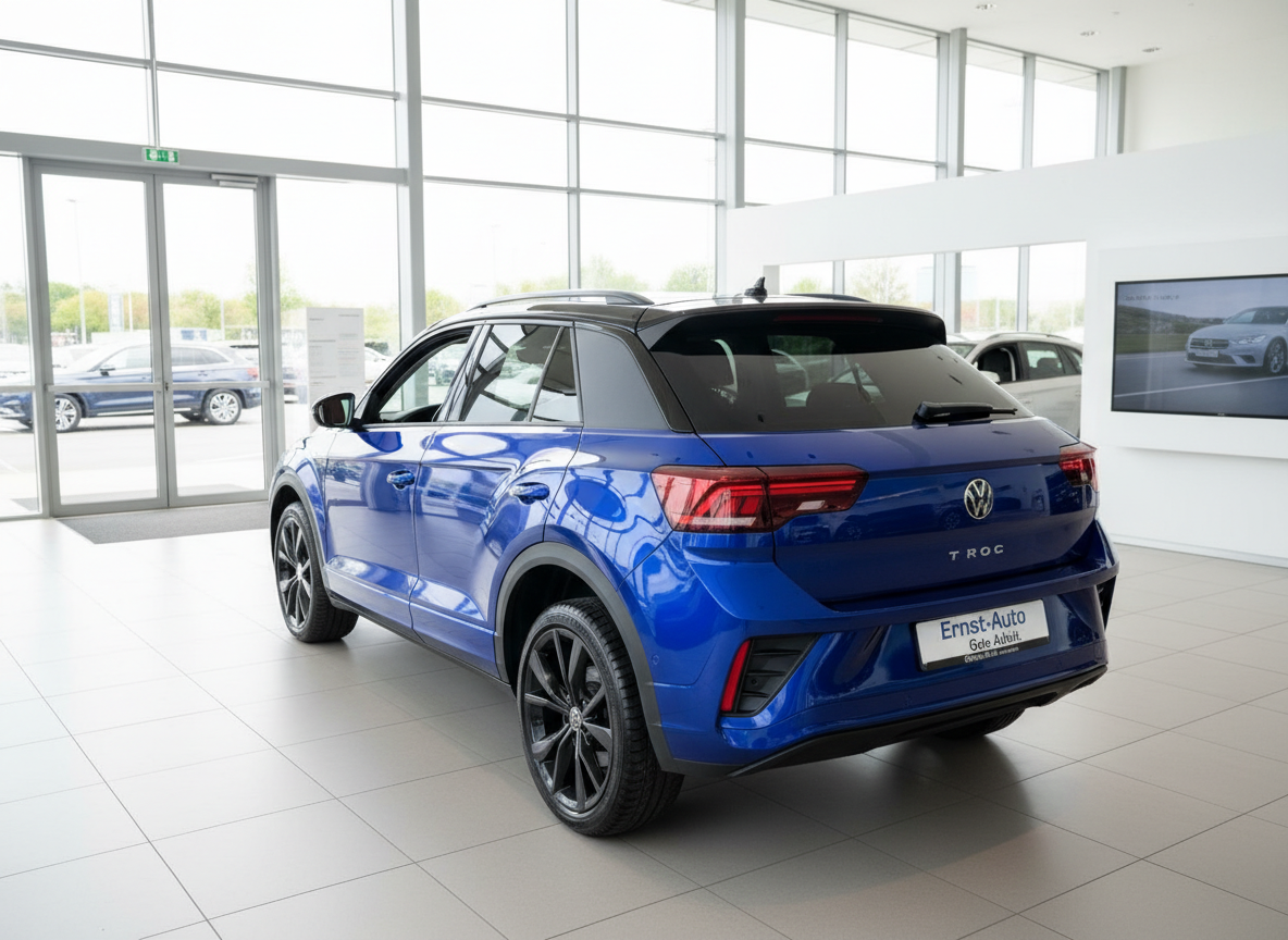 Volkswagen T-Roc in Blau metallic mit schwarzem Dach im Autohaus Ernst-Auto