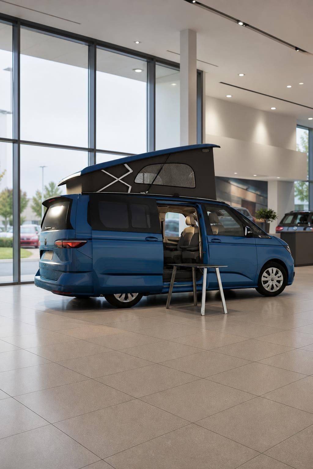 Blauer VW Bulli Camper mit geöffnetem Aufstelldach im Autohaus Showroom