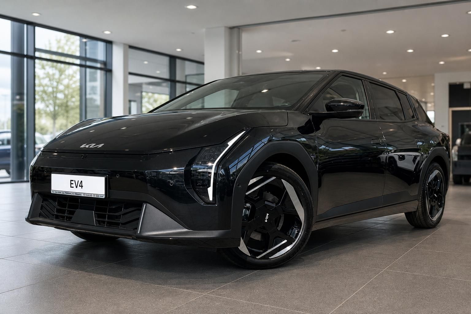 Kia EV4 in Schwarz, Frontansicht schräg im Autohaus