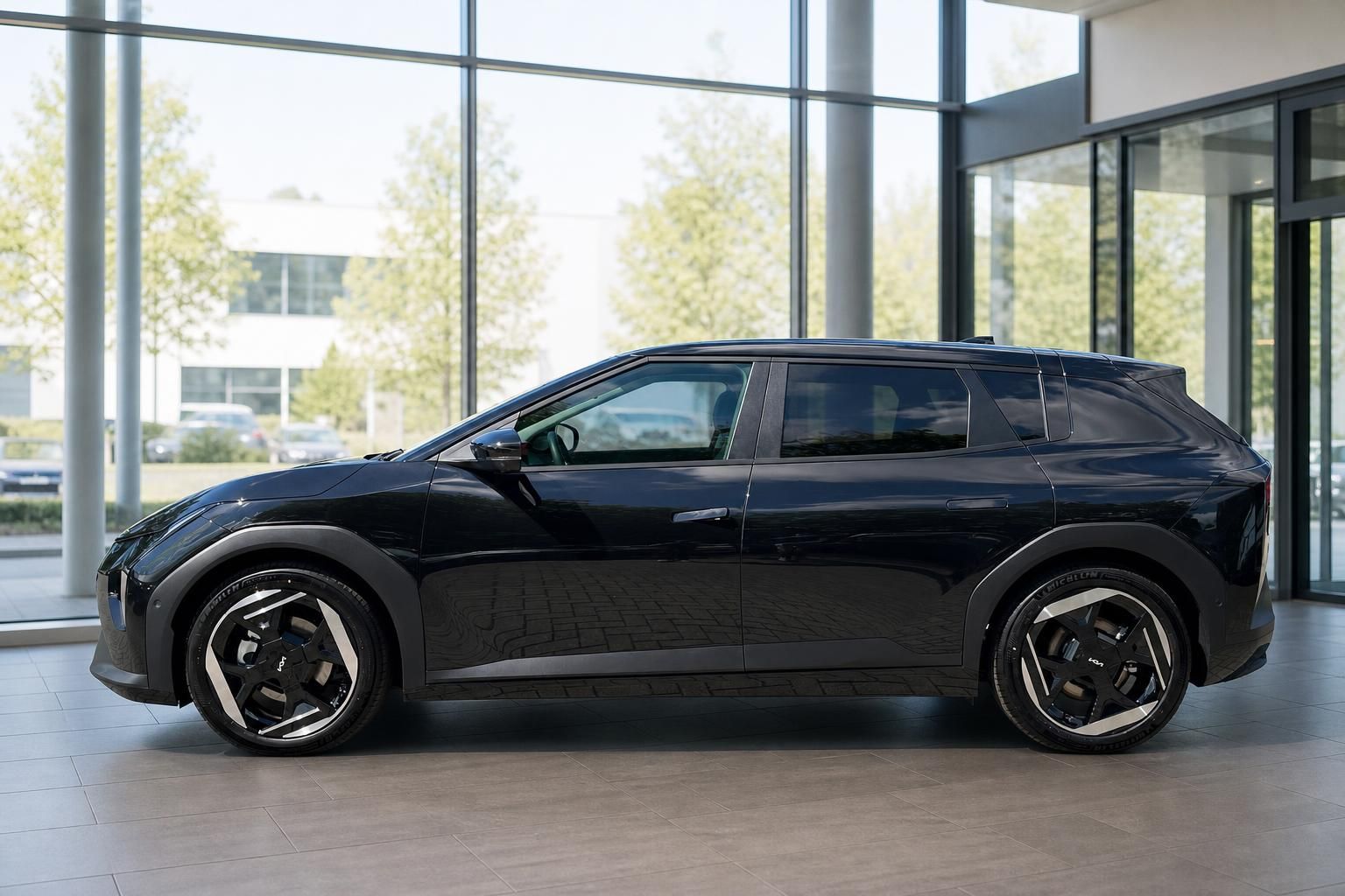 Kia EV4 in Schwarz, Seitenansicht im Showroom