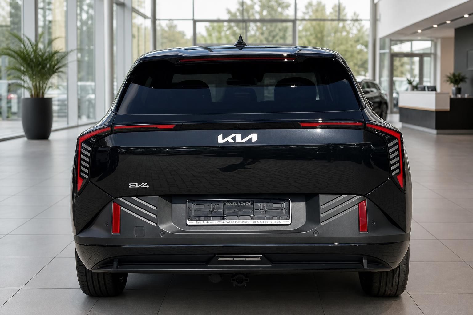 Kia EV4 schwarz, direkte Heckansicht mit KIA Schriftzug