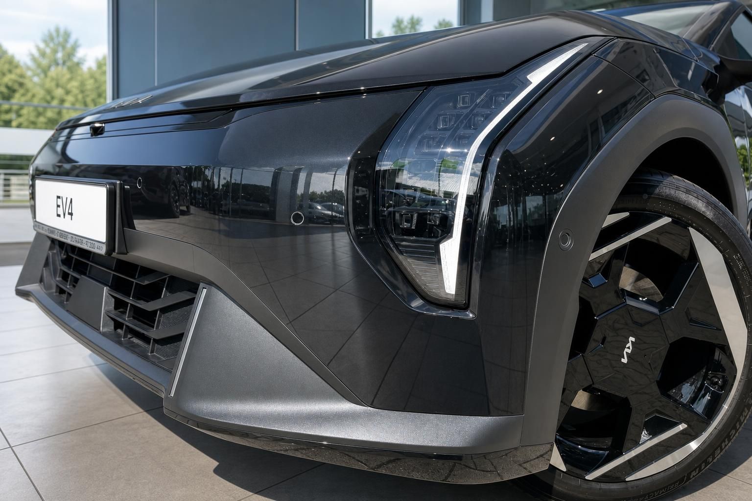 Kia EV4 Frontpartie mit LED-Scheinwerfer und Felge im Detail