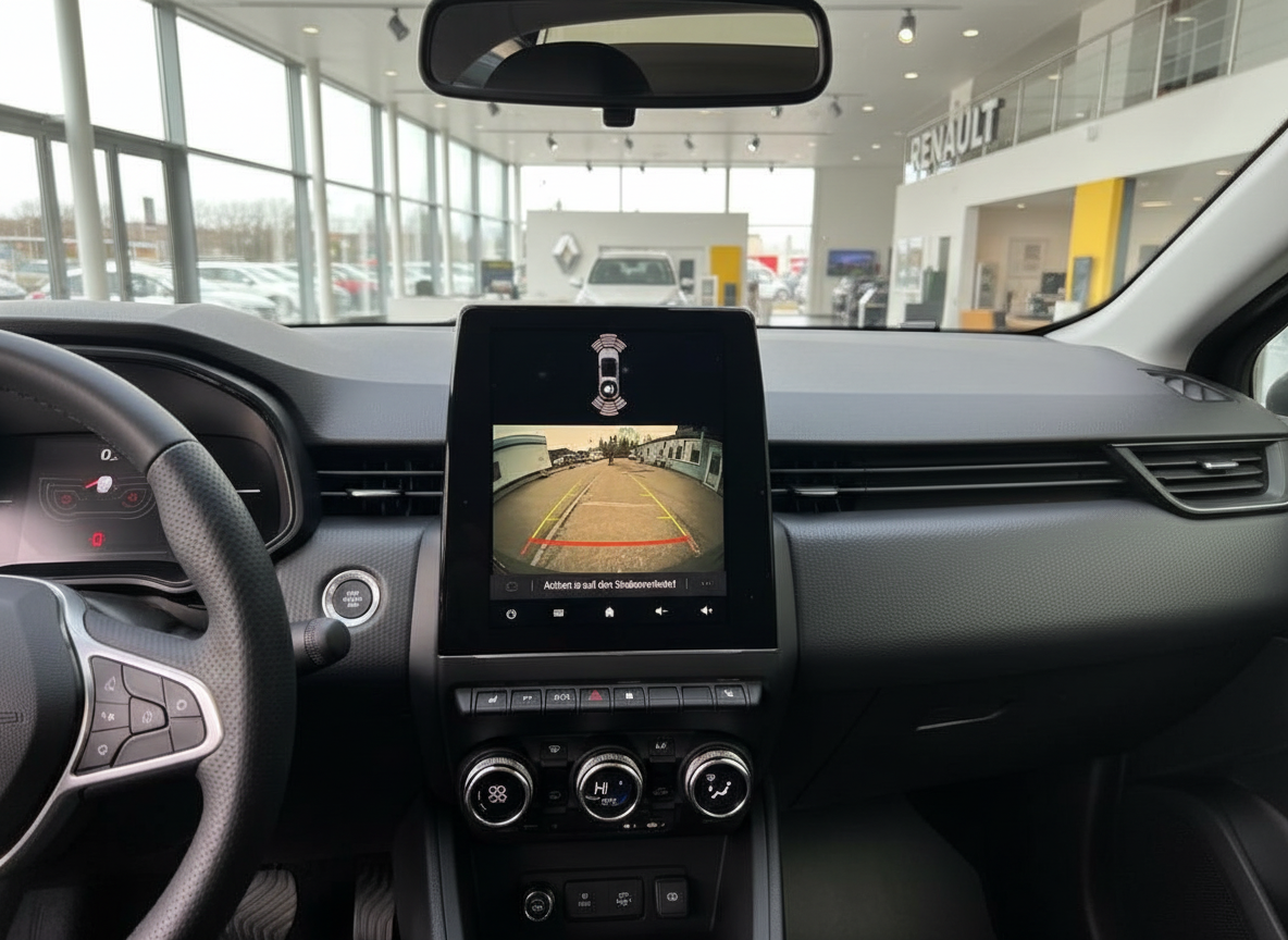 Renault Clio Innenraum mit Rückfahrkamera auf dem zentralen Touchscreen-Display im Autohaus