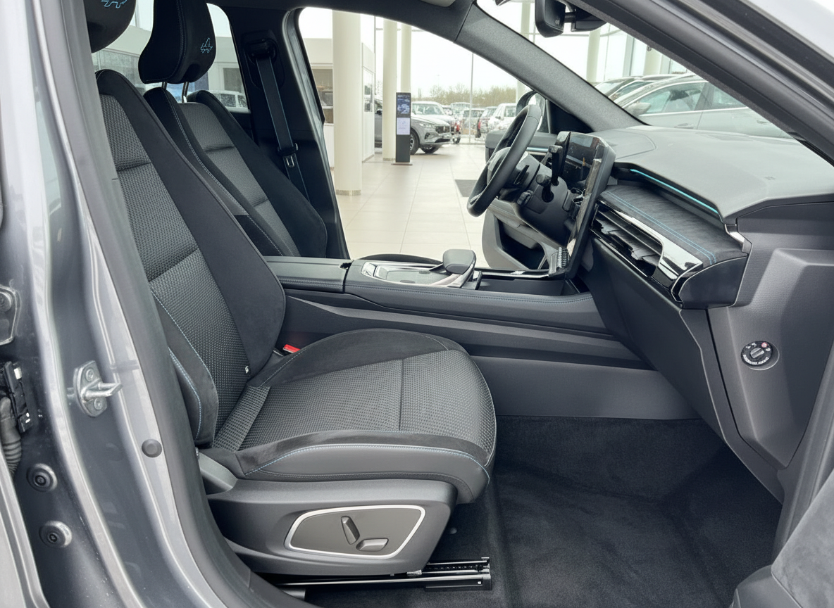 BMW Elektrofahrzeug Innenraum – Fahrersitz, Lenkrad und modernes Cockpit-Display