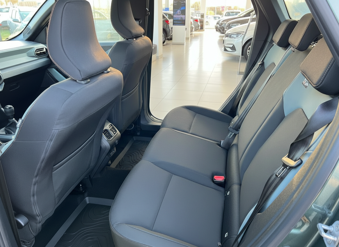 Rücksitzbank und Innenraum eines Fahrzeugs mit dunklen Stoffsitzen im Autohaus Showroom