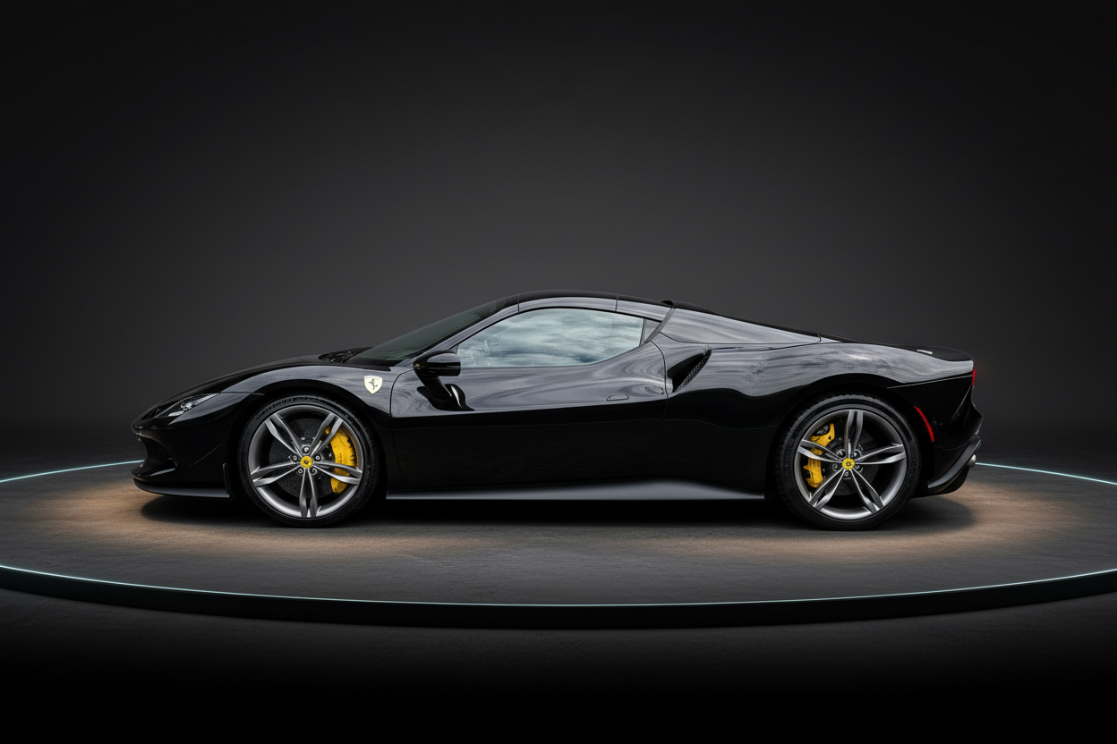 Schwarzer Ferrari 296 GTB Sportwagen Seitenansicht mit gelben Bremsscheiben und silbernen Felgen im Studio vor dunklem Hintergrund