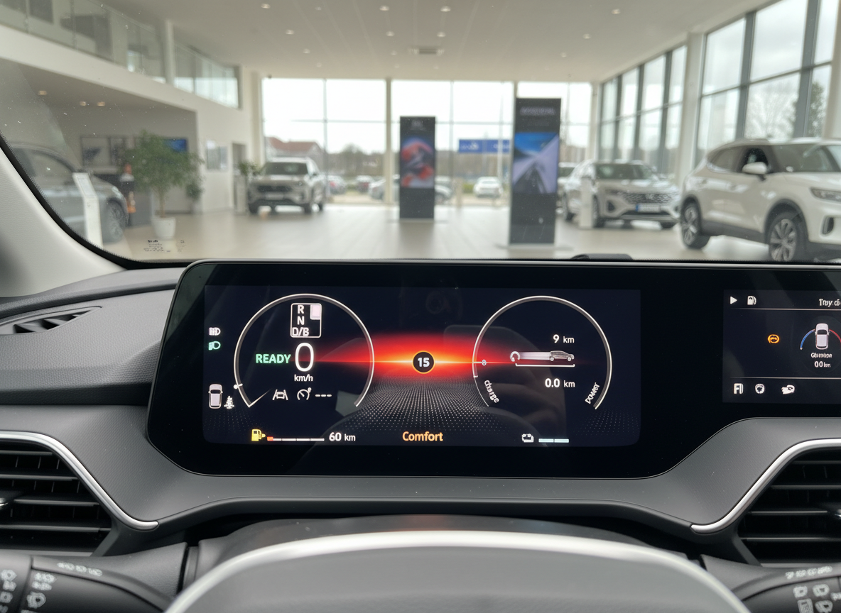 Digitales Kombiinstrument Innenraum Fahrzeug im Autohaus, Comfort-Modus, READY-Anzeige