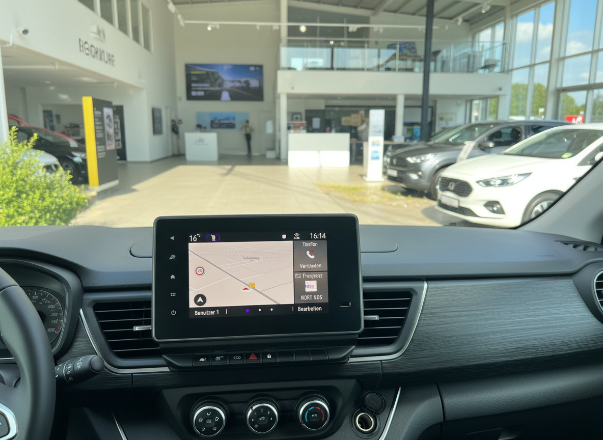 Innenraum eines Fiat mit Infotainment-Display und Navigationssystem im Autohaus