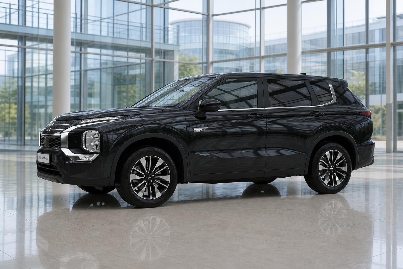 Mitsubishi Outlander schwarz Seitenansicht SUV in gläserner Ausstellungshalle