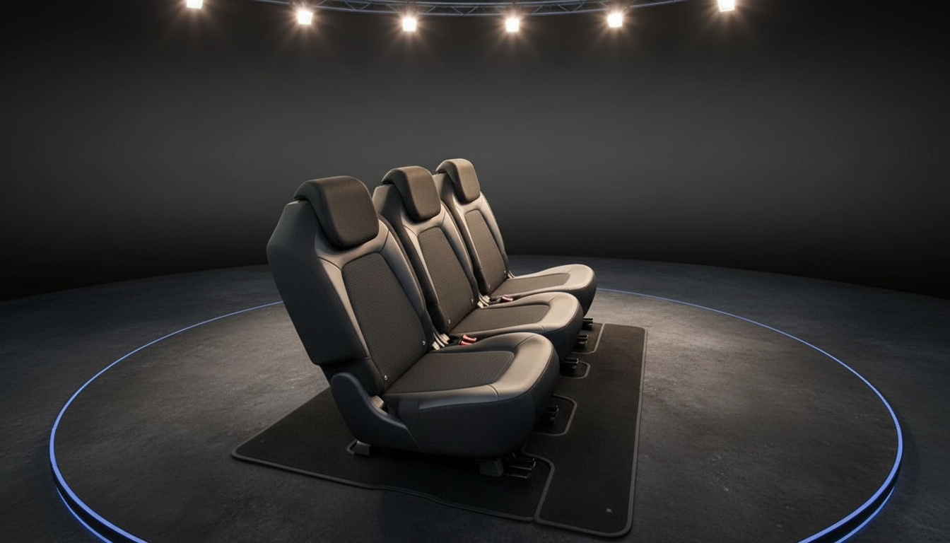 Schwarze Fahrzeug-Rücksitzbank mit drei Sitzen und Kopfstützen auf dunklem Präsentationspodest