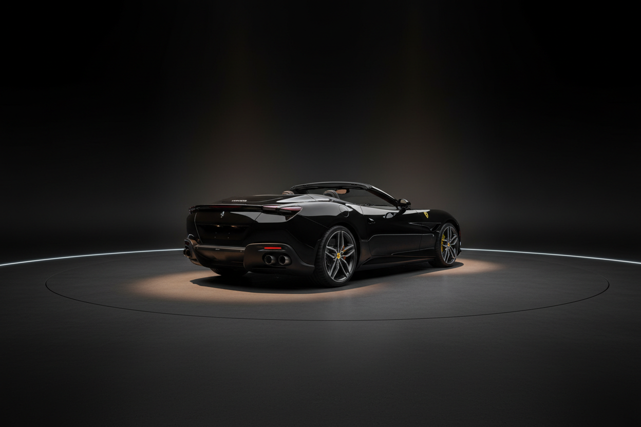 Schwarzer Ferrari Portofino Cabrio Sportwagen von hinten in elegantem Studio-Setting mit dramatischer Beleuchtung und offenem Verdeck