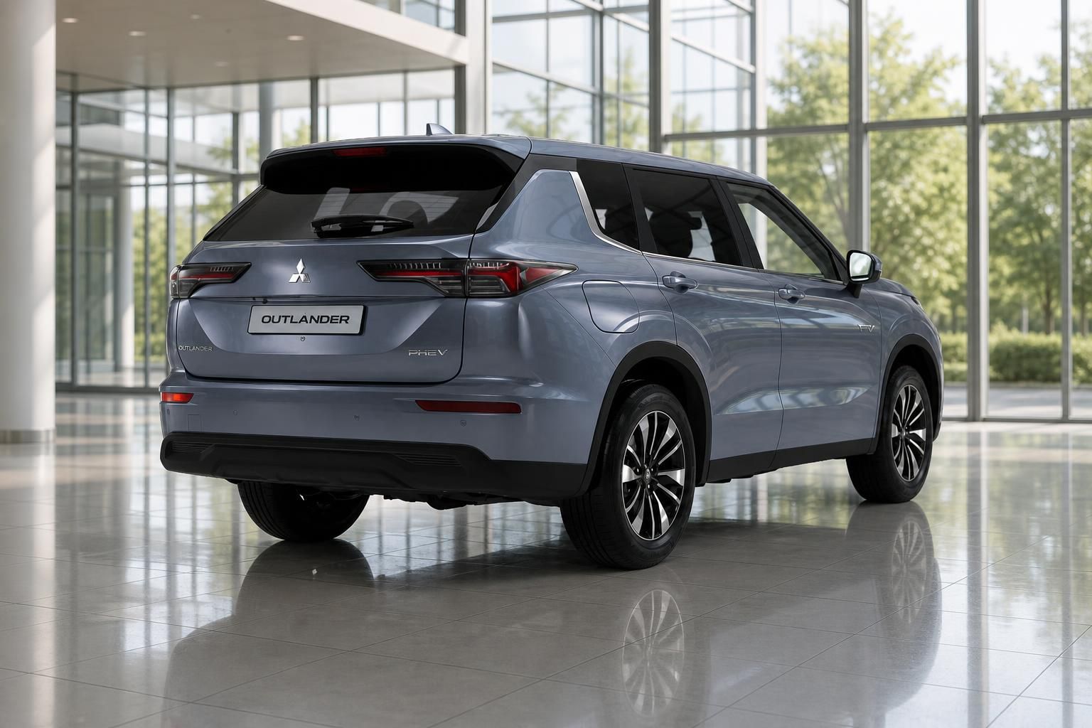 Mitsubishi Outlander PHEV Heckansicht seitlich in Silberblau im Showroom