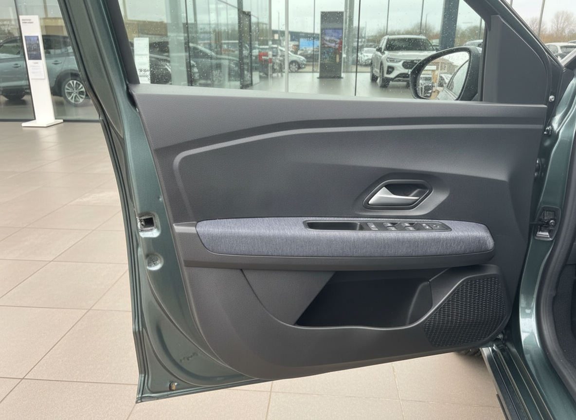 Fahrzeugtür Innenverkleidung grün mit Fensterheber und Stoff-Armlehne im Autohaus