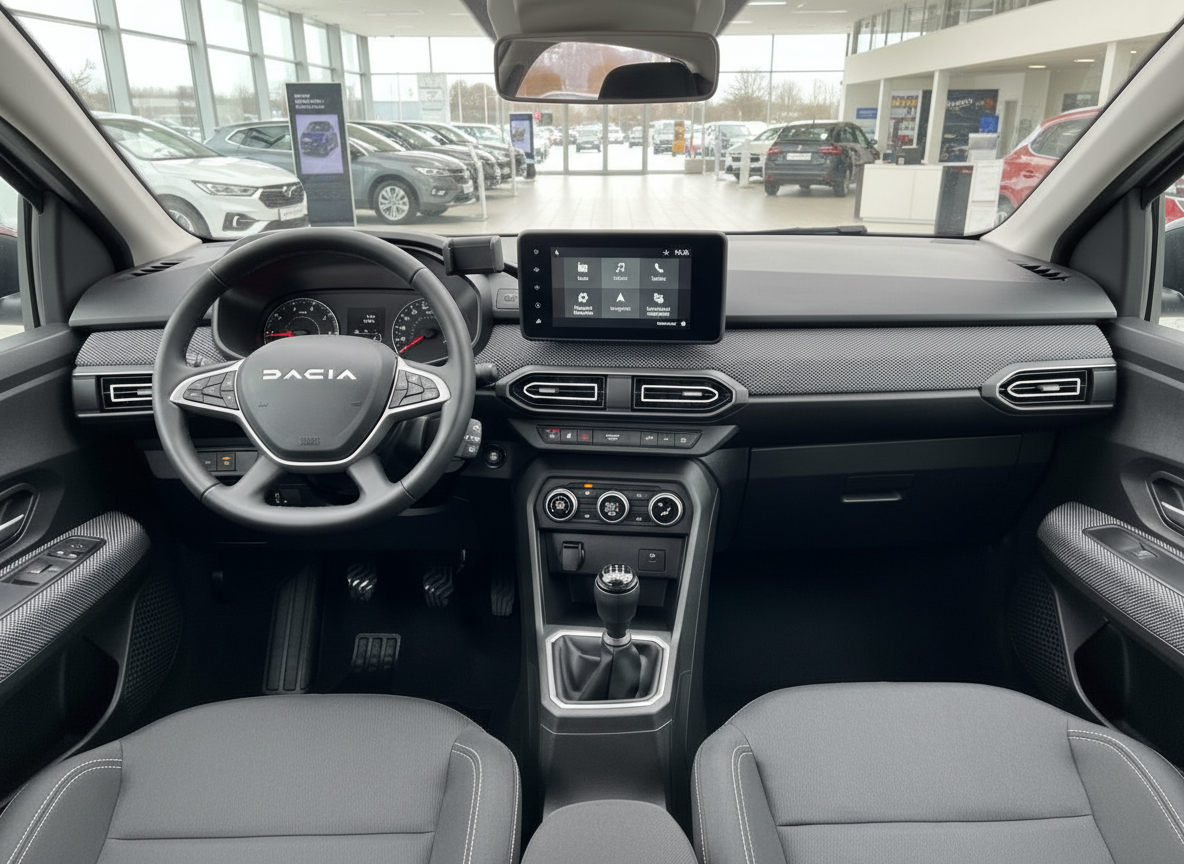 Dacia Innenraum mit Lenkrad, Touchscreen-Display und manuellem Schaltgetriebe im Autohaus