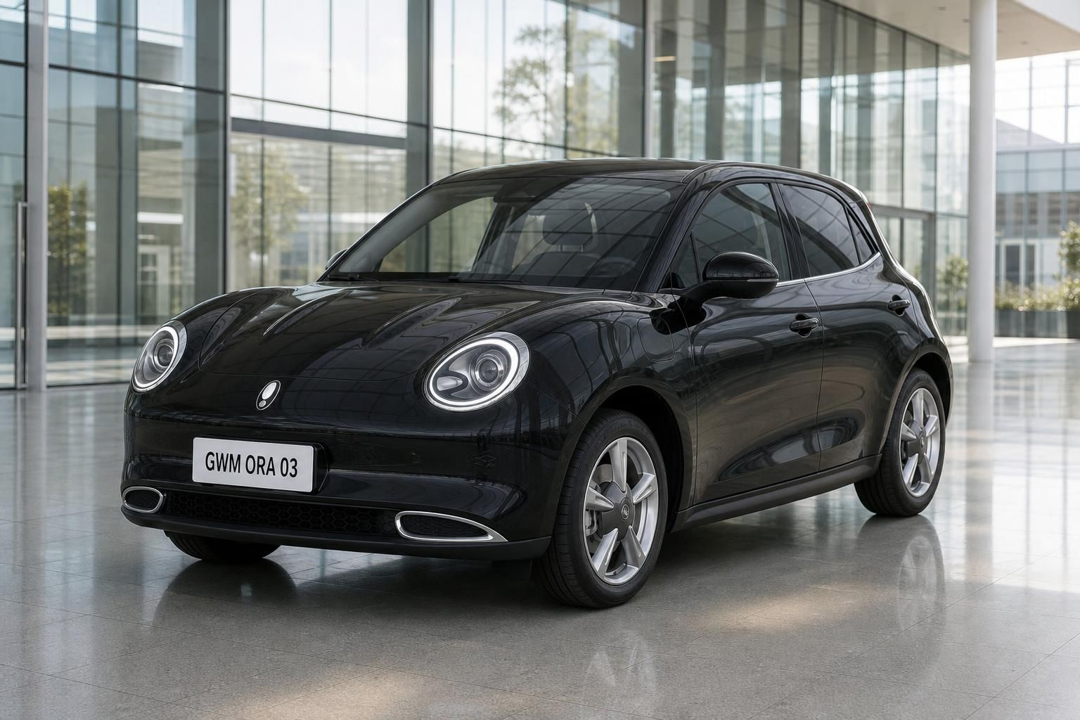 GWM ORA 03 schwarz Frontansicht schräg im Showroom mit rundem LED-Tagfahrlicht