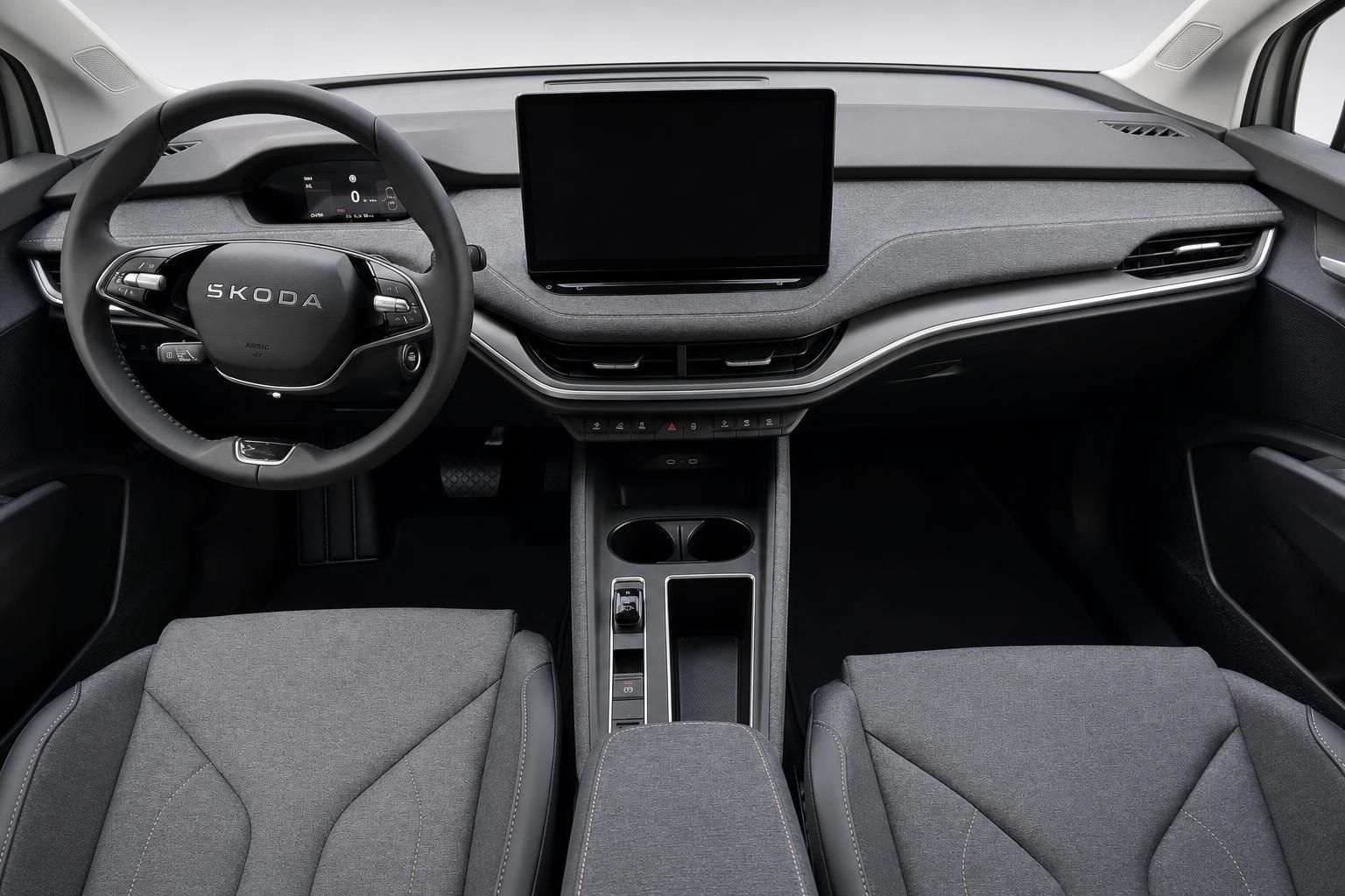 Skoda Innenraum mit Cockpit, Lenkrad und Touchscreen-Infotainmentsystem