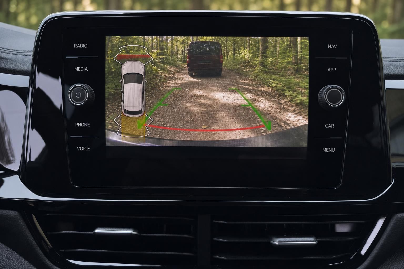 Infotainment-Display mit Rückfahrkamera und Parkassistent im Volkswagen T-Roc Cockpit