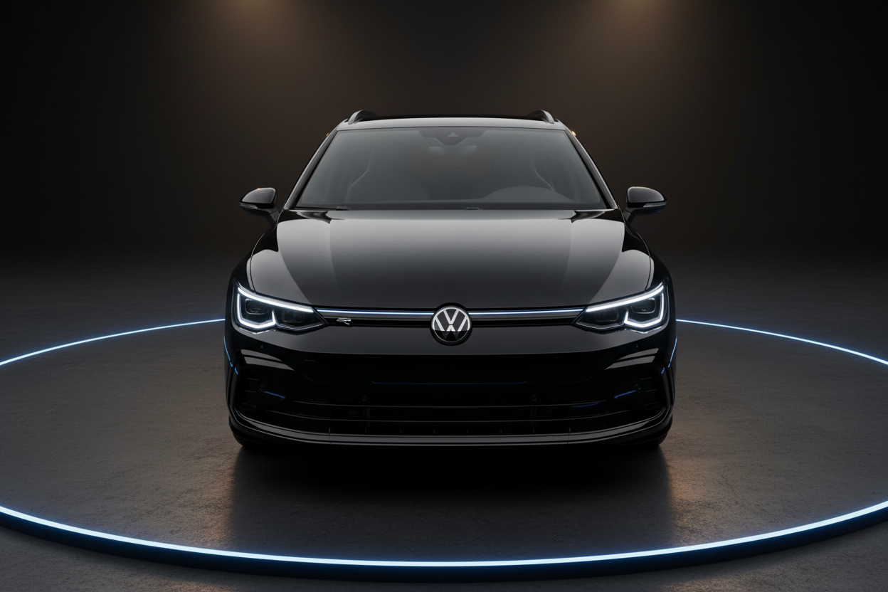 Schwarzer Volkswagen Golf R Variant Frontalansicht im Studio mit LED-Scheinwerfern