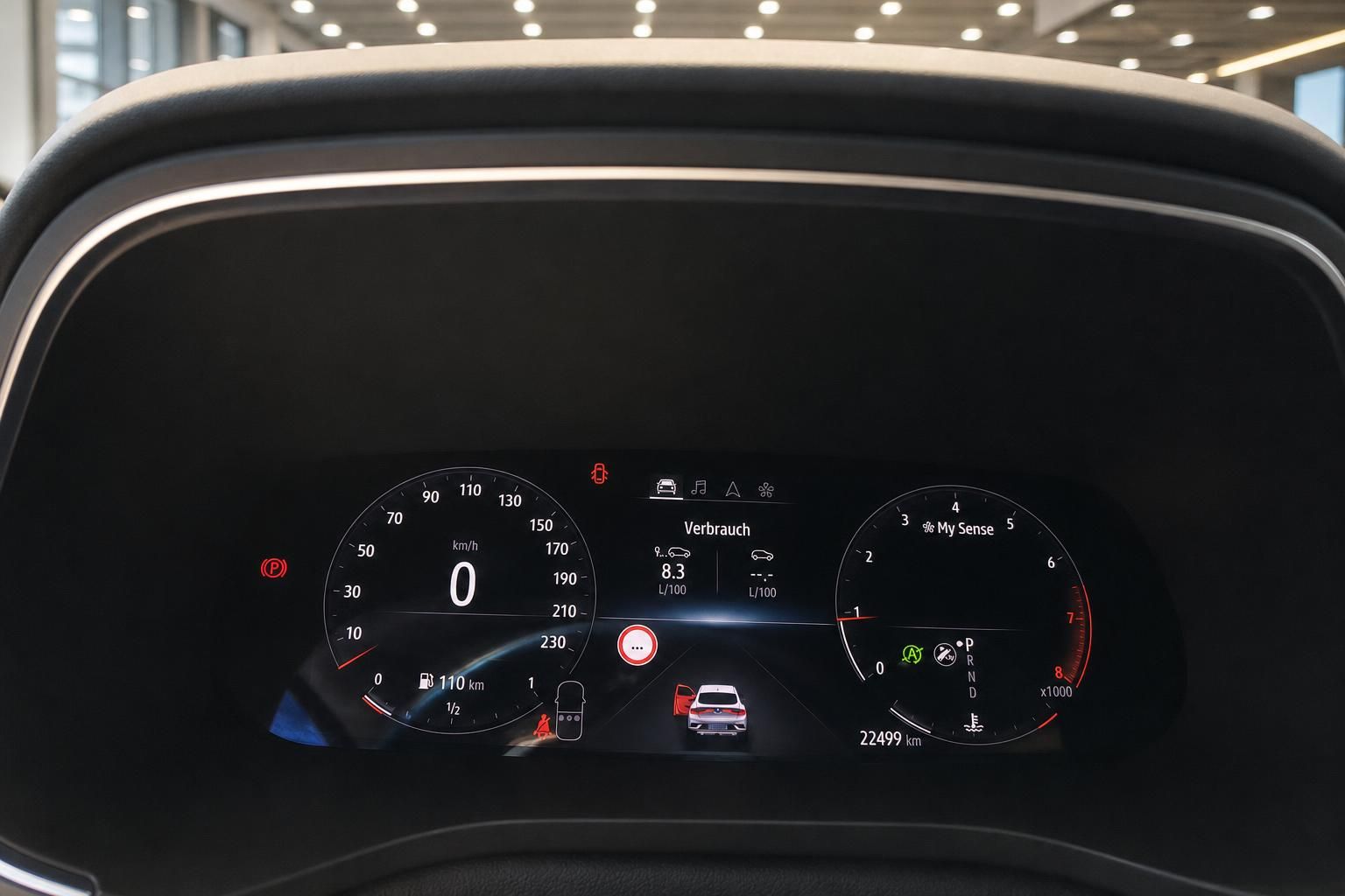 Digitales Kombiinstrument mit Tacho und Verbrauchsanzeige im Fahrzeug