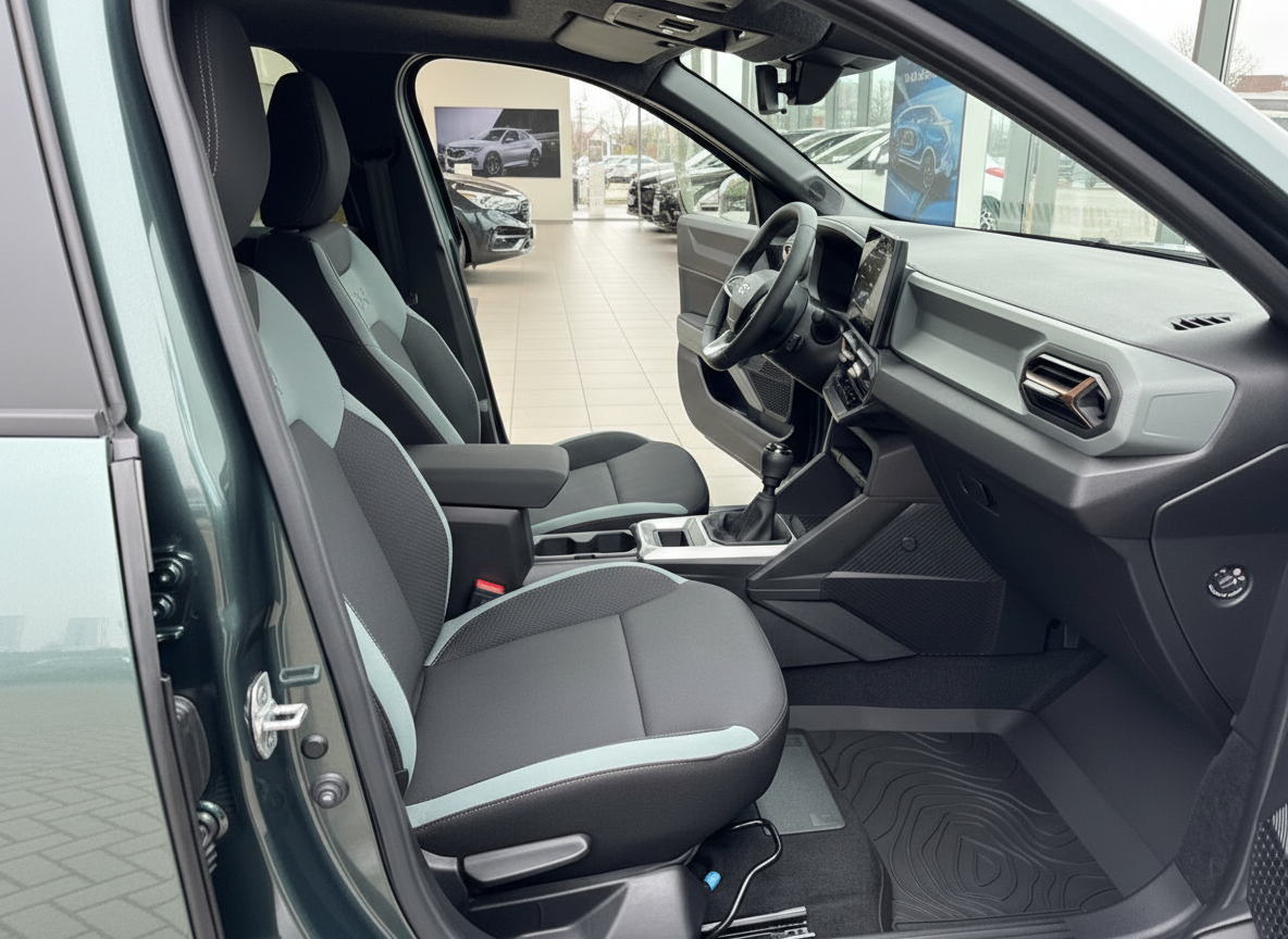 Innenraum eines modernen SUV mit schwarzen Sportsitzen und grünen Akzenten im Autohaus