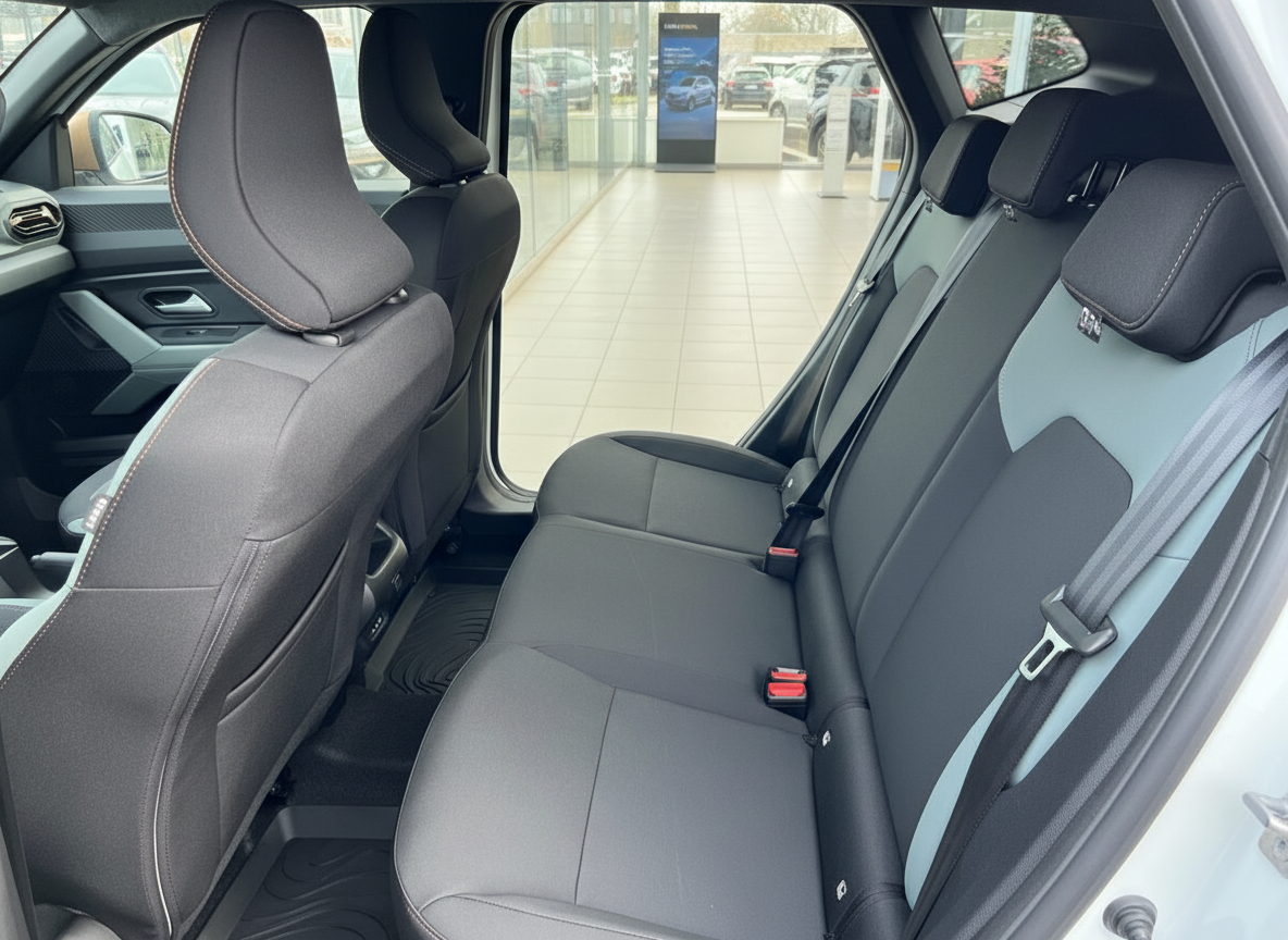 Rücksitzbank und Innenraum eines Dacia Fahrzeugs mit grauer Stoffpolsterung im Autohaus