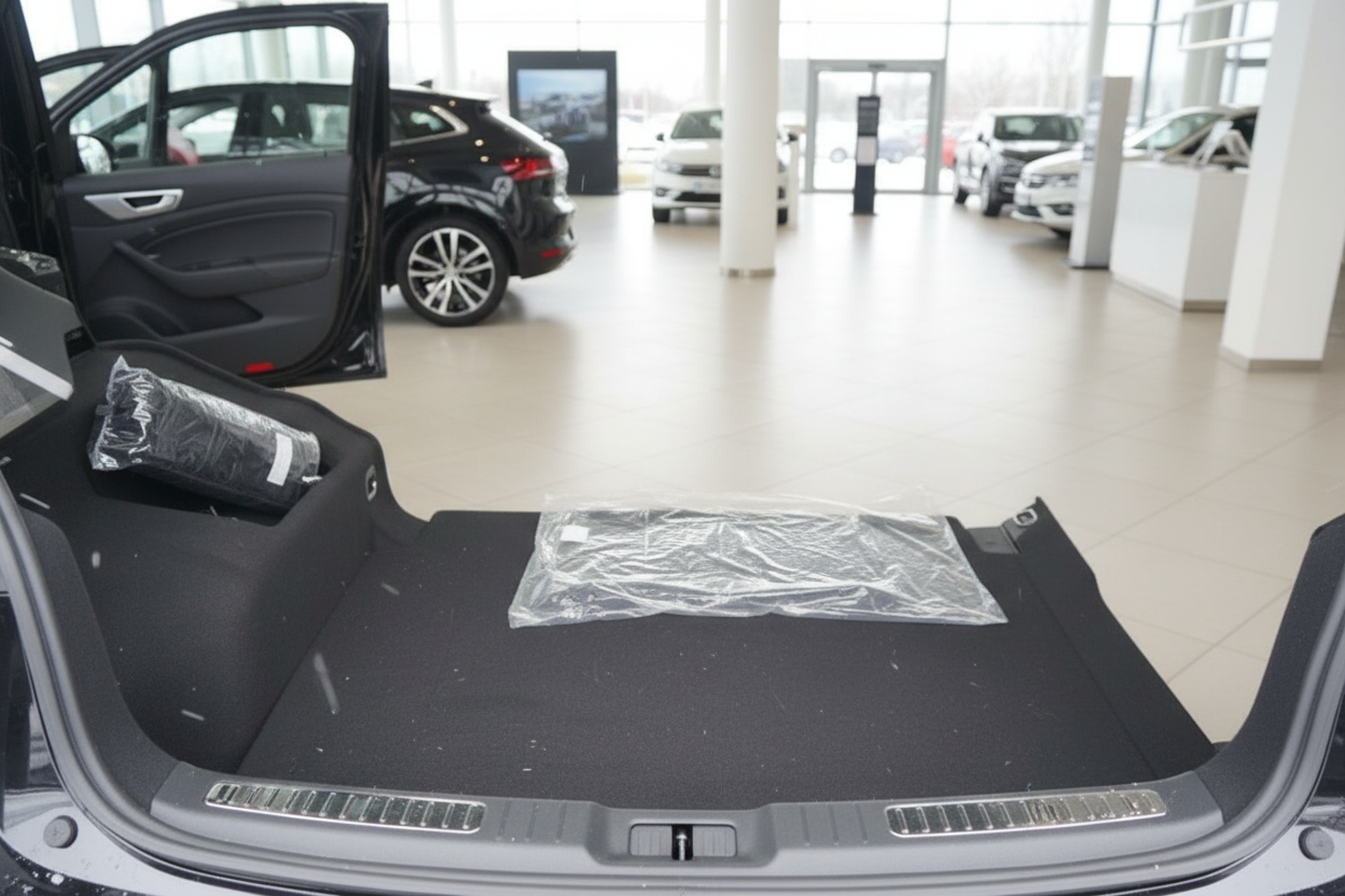 Kofferraum eines Fahrzeugs in einem Autohaus mit geöffneter Heckklappe und Zubehör