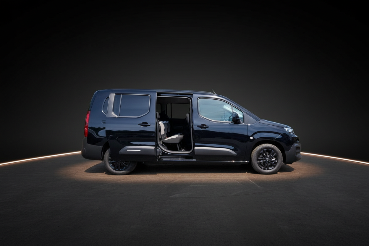 Schwarzer Peugeot Rifter/Partner Kastenwagen mit geöffneter Schiebetür in Studioaufnahme