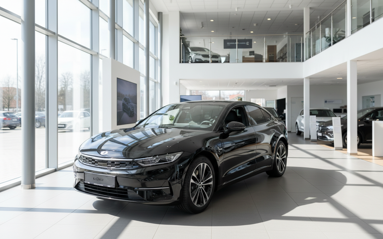 Schwarzer Elektro-Sedan im modernen Autohaus-Showroom, Frontansicht schräg